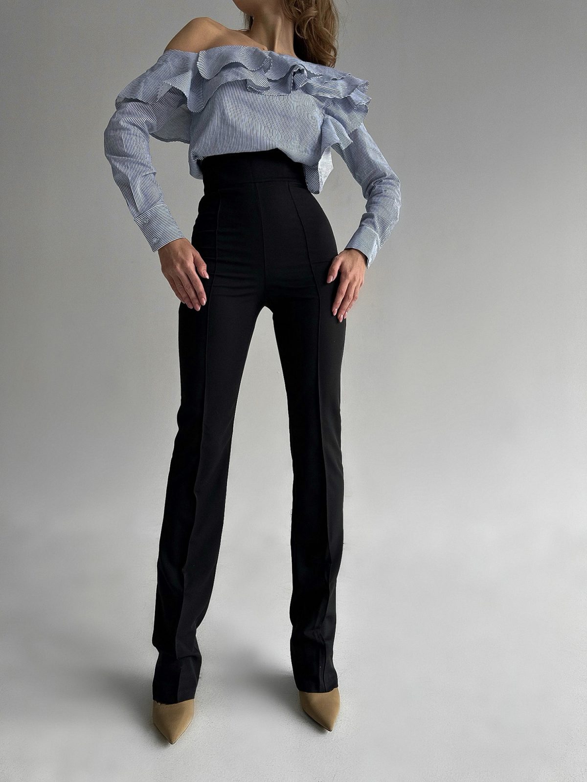 ruffle Front view of asymmetric ruffle blouse with vertical front detail — GLOWSYOU
