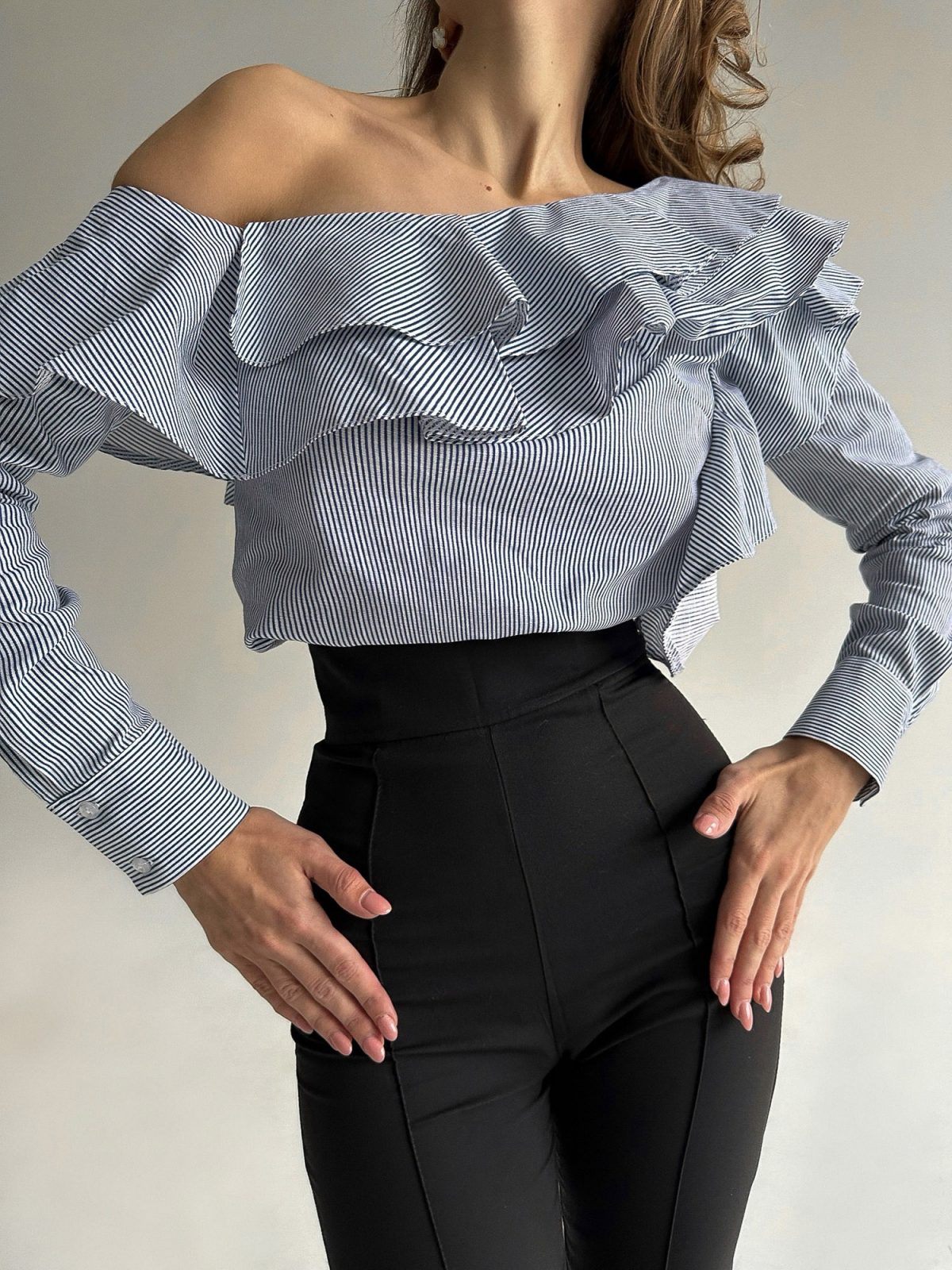 One-Shoulder Ruffle Blouse | Blue & White Stripe Asymmetric Top | GLOWSYOU